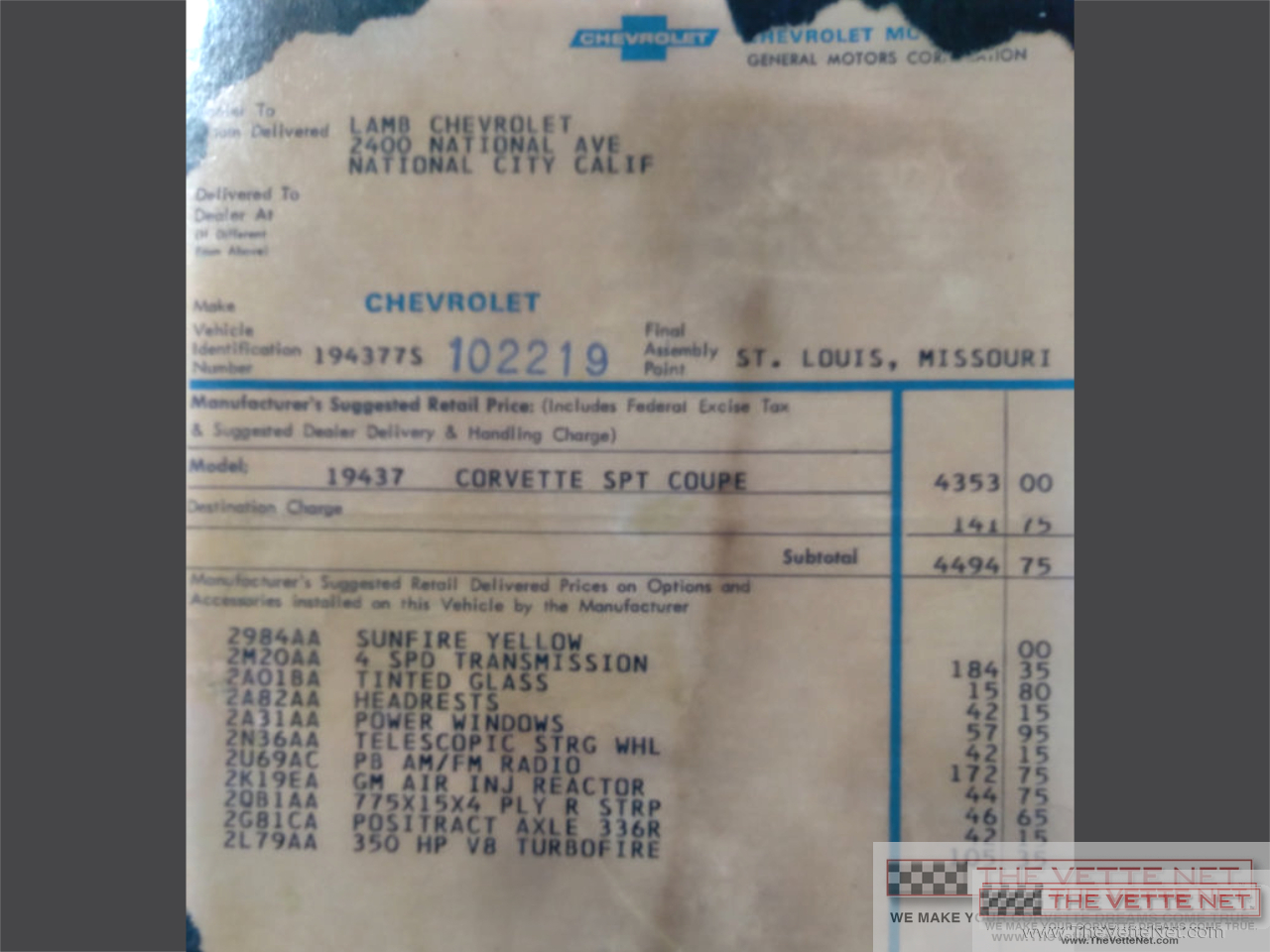 1967 Corvette Coupe Sunfire Yellow Matches code